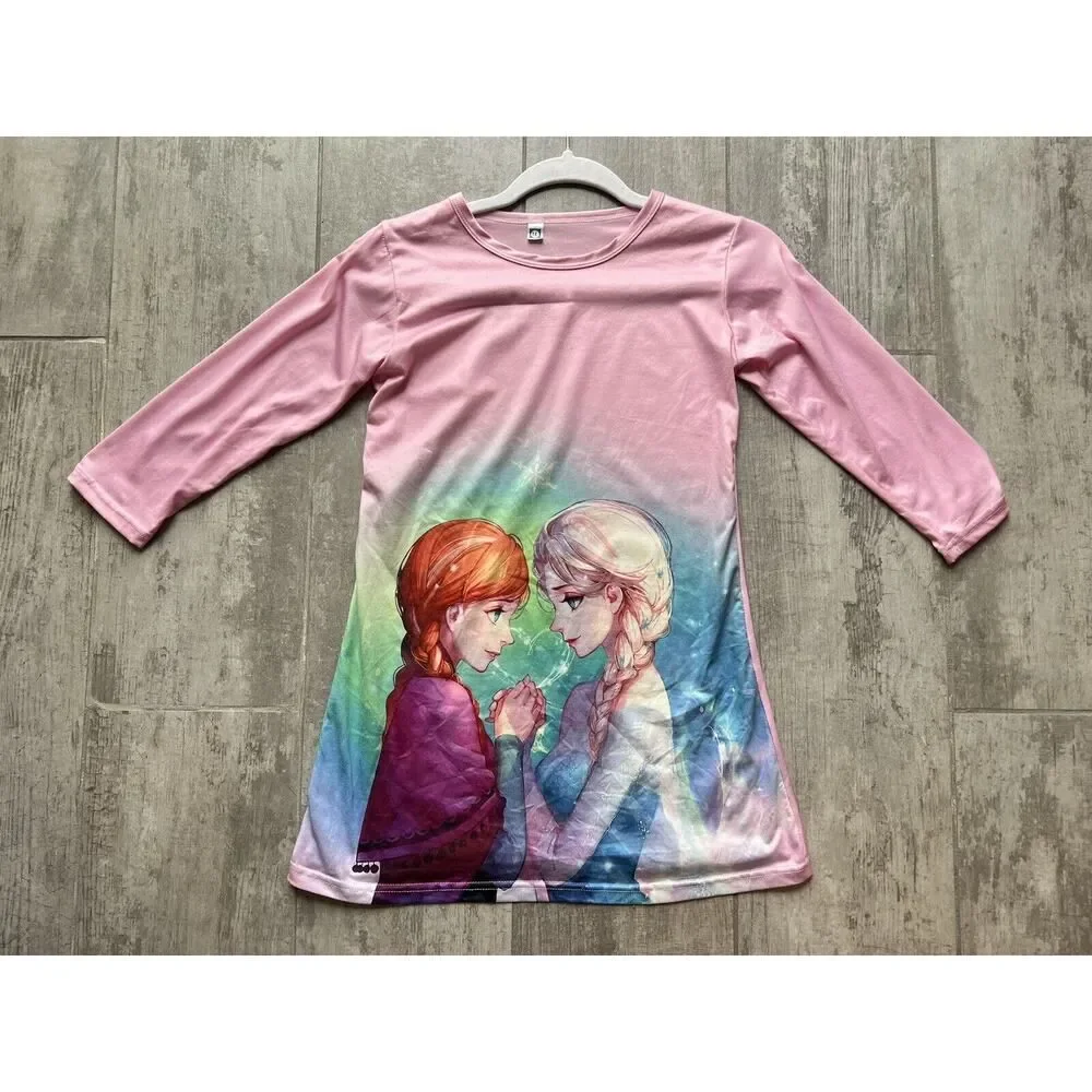 Long Sleeve Lightweight Pink Anime Frozen Anna Elsa Night Gown Girls Pajamas 6